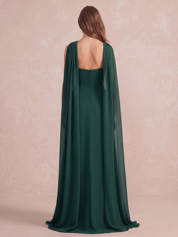 Peacock A Line Floor Length Chiffon Wedding Guest Dresses Strapless Cape Sleeve Formal Dresses
