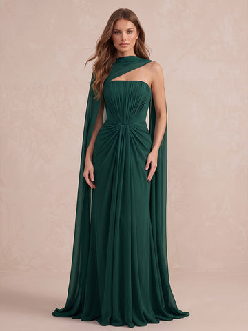 Peacock A Line Floor Length Chiffon Wedding Guest Dresses Strapless Cape Sleeve Formal Dresses