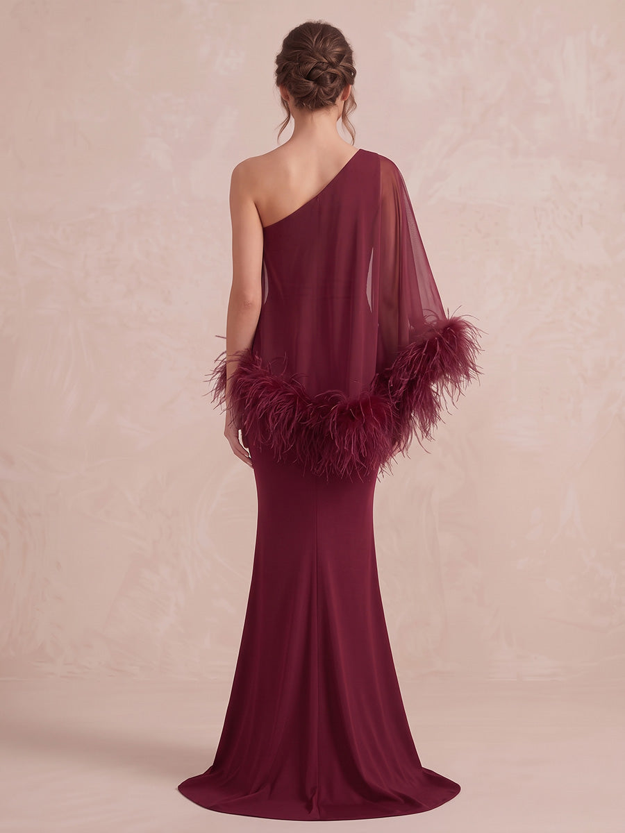 Wine Red Mermaid Floor Length Stretch Wedding Guest Dresses Feather Cape Sleeve Formal Dresses