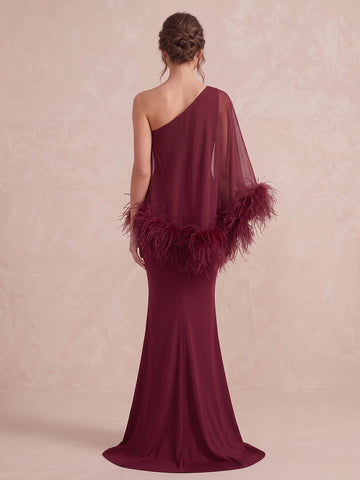 Wine Red Mermaid Floor Length Stretch Wedding Guest Dresses Feather Cape Sleeve Formal Dresses