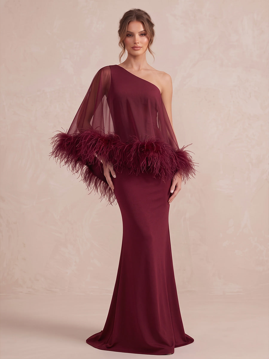 Wine Red Mermaid Floor Length Stretch Wedding Guest Dresses Feather Cape Sleeve Formal Dresses