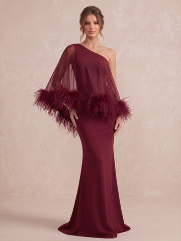 Wine Red Mermaid Floor Length Stretch Wedding Guest Dresses Feather Cape Sleeve Formal Dresses