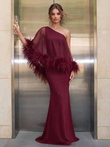 Wine Red Mermaid Floor Length Stretch Wedding Guest Dresses Feather Cape Sleeve Formal Dresses