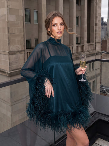 Teal Shift Mini Satin Wedding Guest Dresses High Neck Sheer Formal Dresses