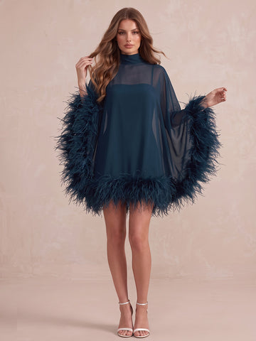 Teal Shift Mini Satin Wedding Guest Dresses High Neck Sheer Formal Dresses