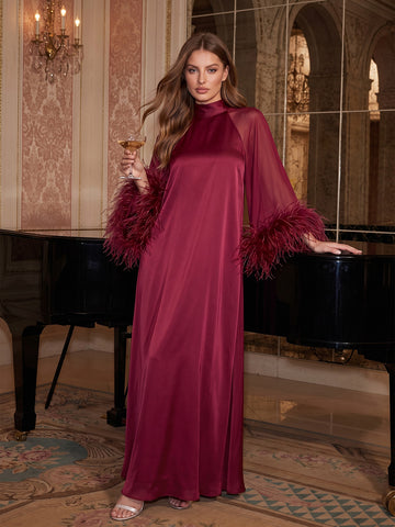 Fuchsia A Line Floor Length Satin Wedding Guest Dresses High Neck Formal Dresses