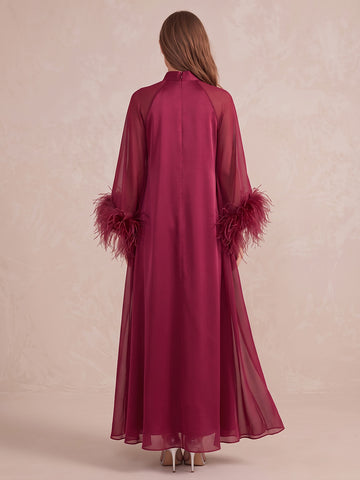 Fuchsia A Line Floor Length Satin Wedding Guest Dresses High Neck Formal Dresses