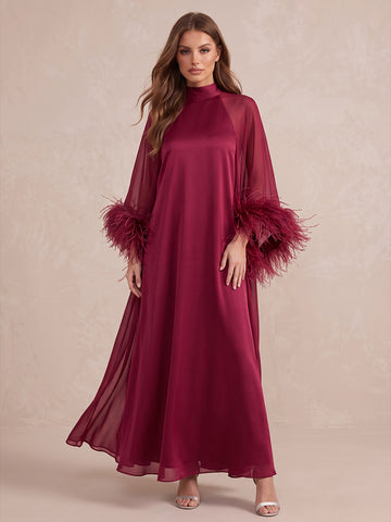 Fuchsia A Line Floor Length Satin Wedding Guest Dresses High Neck Formal Dresses