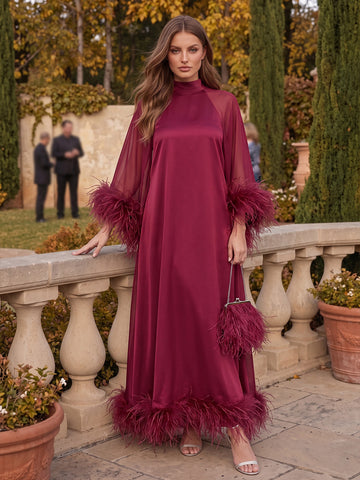 Fuchsia A Line Floor Length Satin Wedding Guest Dresses High Neck Formal Dresses
