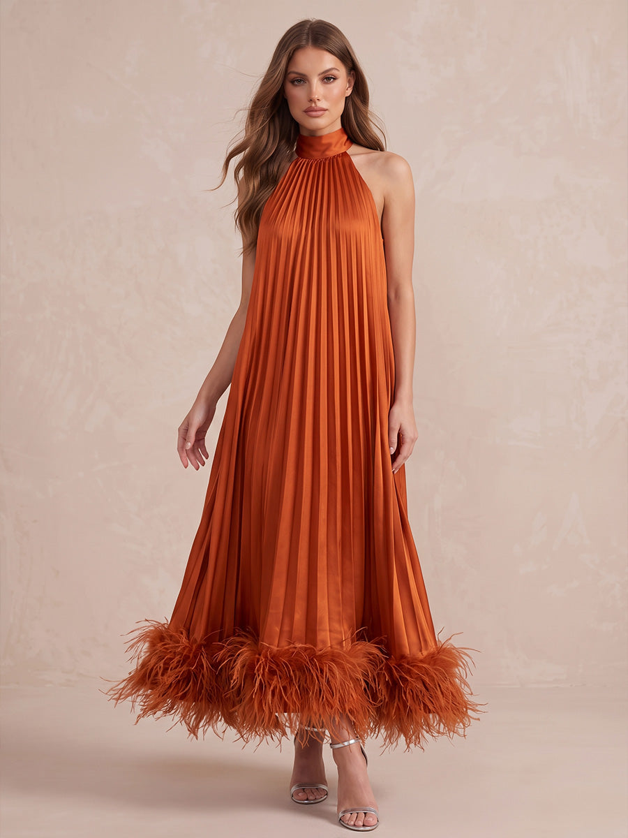 Orange A Line Midi Pleated Satin Wedding Guest Dresses Halter High Neck Formal Evening Dresses