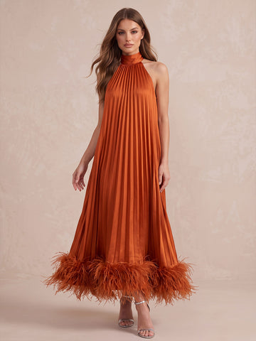 Orange A Line Midi Pleated Satin Wedding Guest Dresses Halter High Neck Formal Evening Dresses