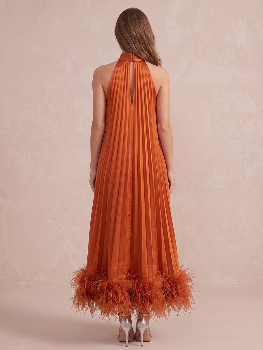 Orange A Line Midi Pleated Satin Wedding Guest Dresses Halter High Neck Formal Evening Dresses