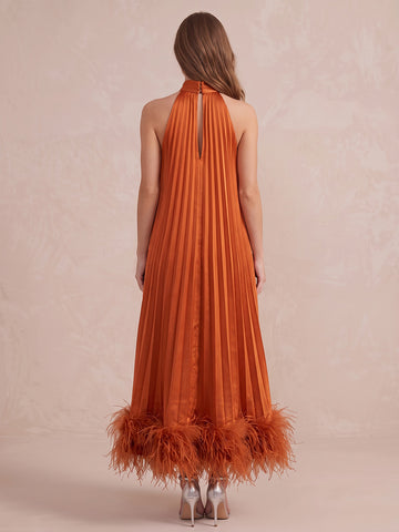 Orange A Line Midi Pleated Satin Wedding Guest Dresses Halter High Neck Formal Evening Dresses