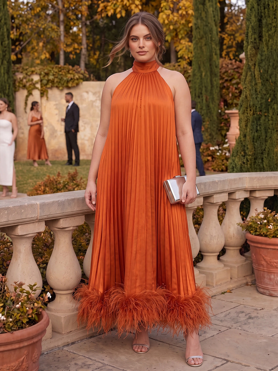 Orange A Line Midi Pleated Satin Wedding Guest Dresses Halter High Neck Formal Evening Dresses