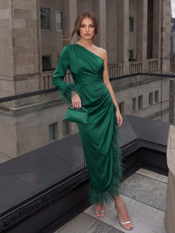 Emerald Green Mermaid Midi Satin Wedding Guest Dresses One Shoulder Formal Dresses