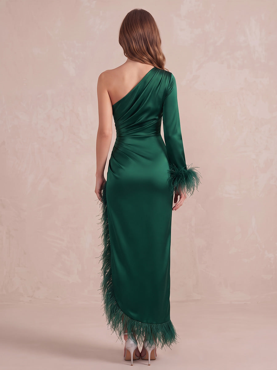 Emerald Green Mermaid Midi Satin Wedding Guest Dresses One Shoulder Formal Dresses
