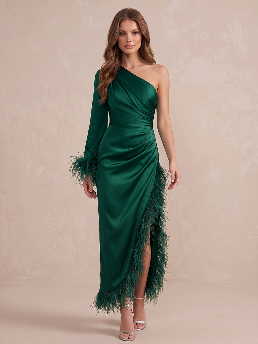 Emerald Green Mermaid Midi Satin Wedding Guest Dresses One Shoulder Formal Dresses