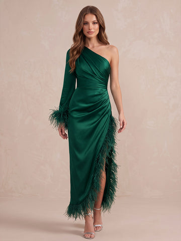 Emerald Green Mermaid Midi Satin Wedding Guest Dresses One Shoulder Formal Dresses
