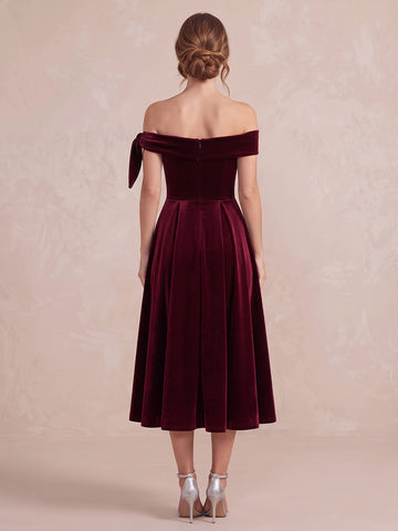 Light Burgundy A Line Midi Velvet Wedding Guest Dresses Off Shoulder Cocktail Dresses