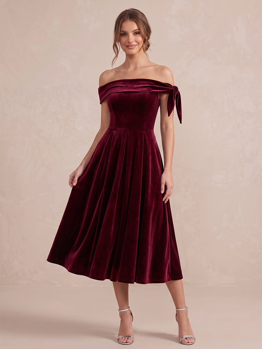 Light Burgundy A Line Midi Velvet Wedding Guest Dresses Off Shoulder Cocktail Dresses
