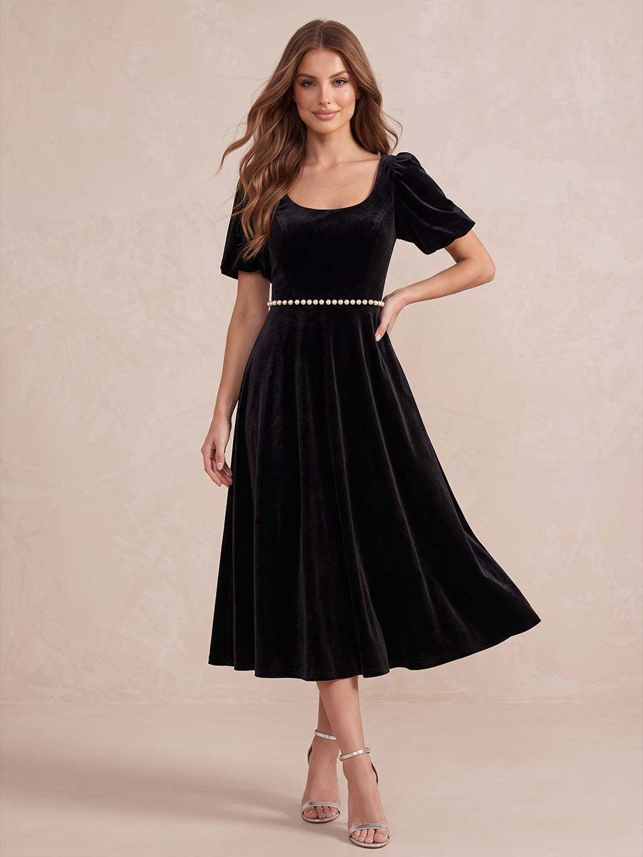 Black A Line Midi Velvet Wedding Guest Dresses Square Neck Cocktail Dresses