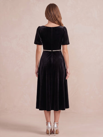 Black A Line Midi Velvet Wedding Guest Dresses Square Neck Cocktail Dresses