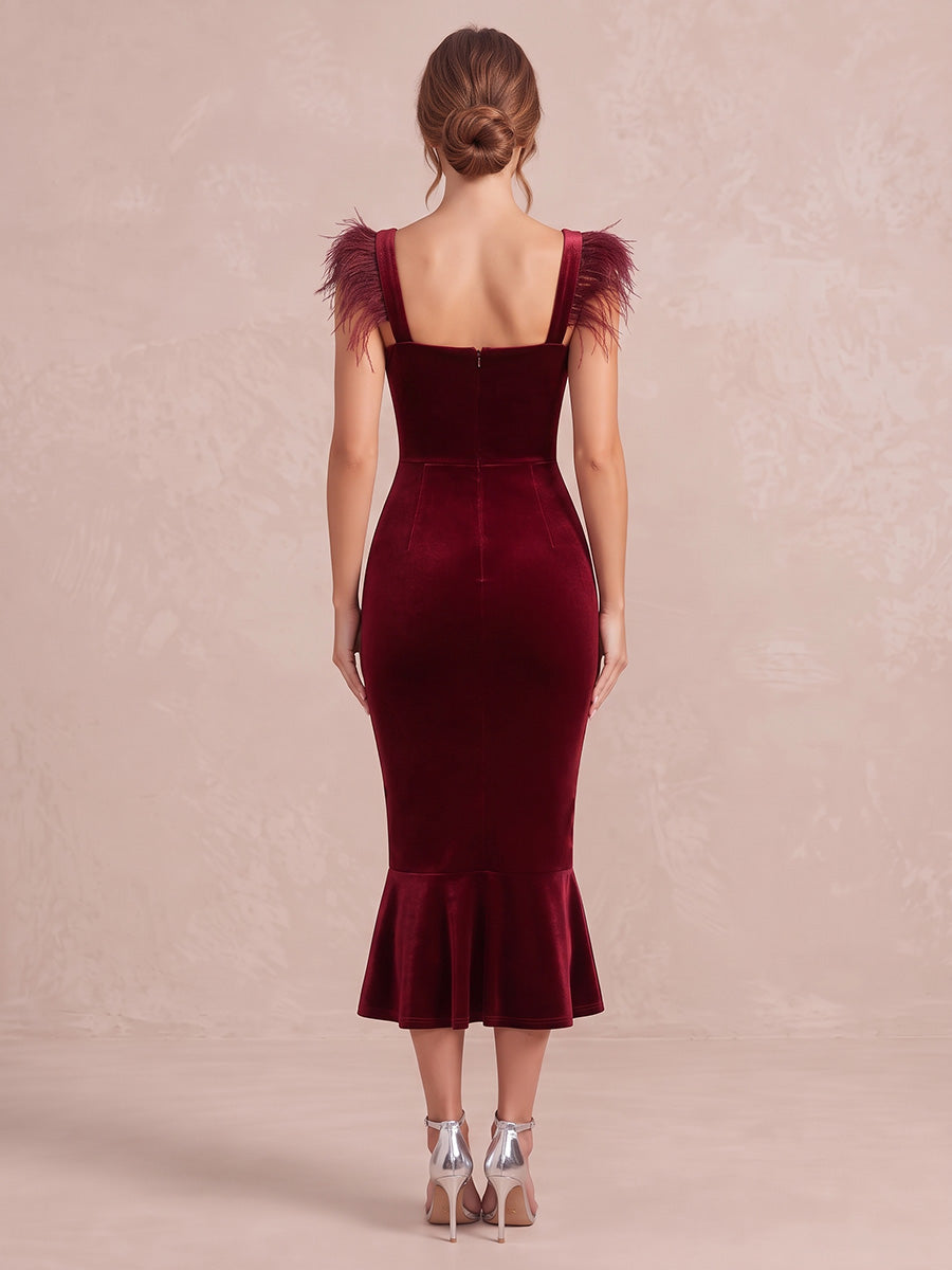 Wine Red Mermaid Midi Velvet Wedding Guest Dresses Square Neck Cocktail Dresses