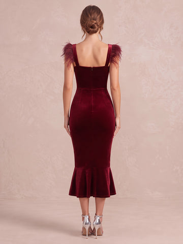 Wine Red Mermaid Midi Velvet Wedding Guest Dresses Square Neck Cocktail Dresses