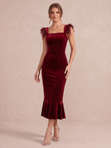 Wine Red Mermaid Midi Velvet Wedding Guest Dresses Square Neck Cocktail Dresses