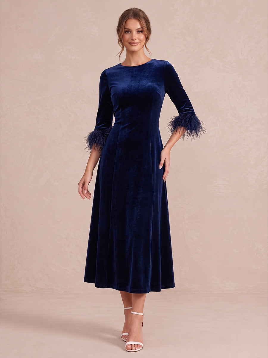 Light Royal Blue A Line Midi Velvet Wedding Guest Dresses Round Neck Cocktail Dresses
