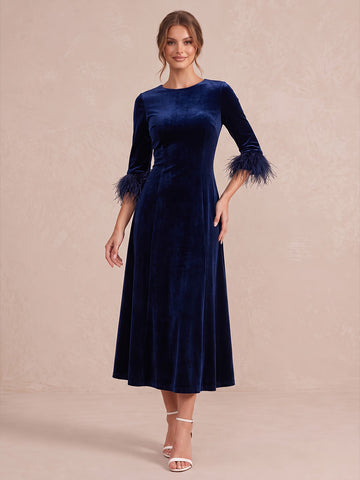 Light Royal Blue A Line Midi Velvet Wedding Guest Dresses Round Neck Cocktail Dresses