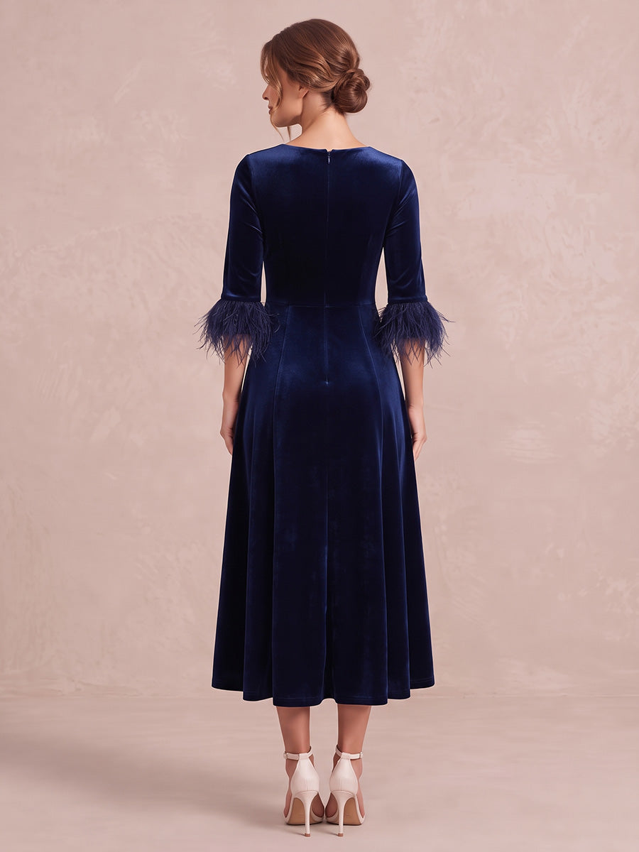 Light Royal Blue A Line Midi Velvet Wedding Guest Dresses Round Neck Cocktail Dresses