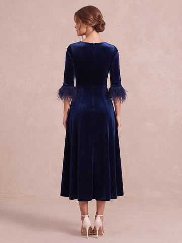 Light Royal Blue A Line Midi Velvet Wedding Guest Dresses Round Neck Cocktail Dresses