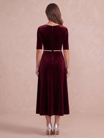 Wine Red A Line Midi Velvet Wedding Guest Dresses V Neck Cocktail Dresses
