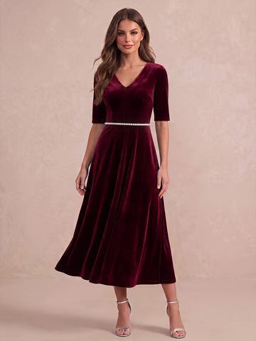 Wine Red A Line Midi Velvet Wedding Guest Dresses V Neck Cocktail Dresses