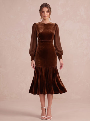 Burnt Orange Mermaid Midi Velvet Wedding Guest Dresses Round Neck Cocktail Dresses