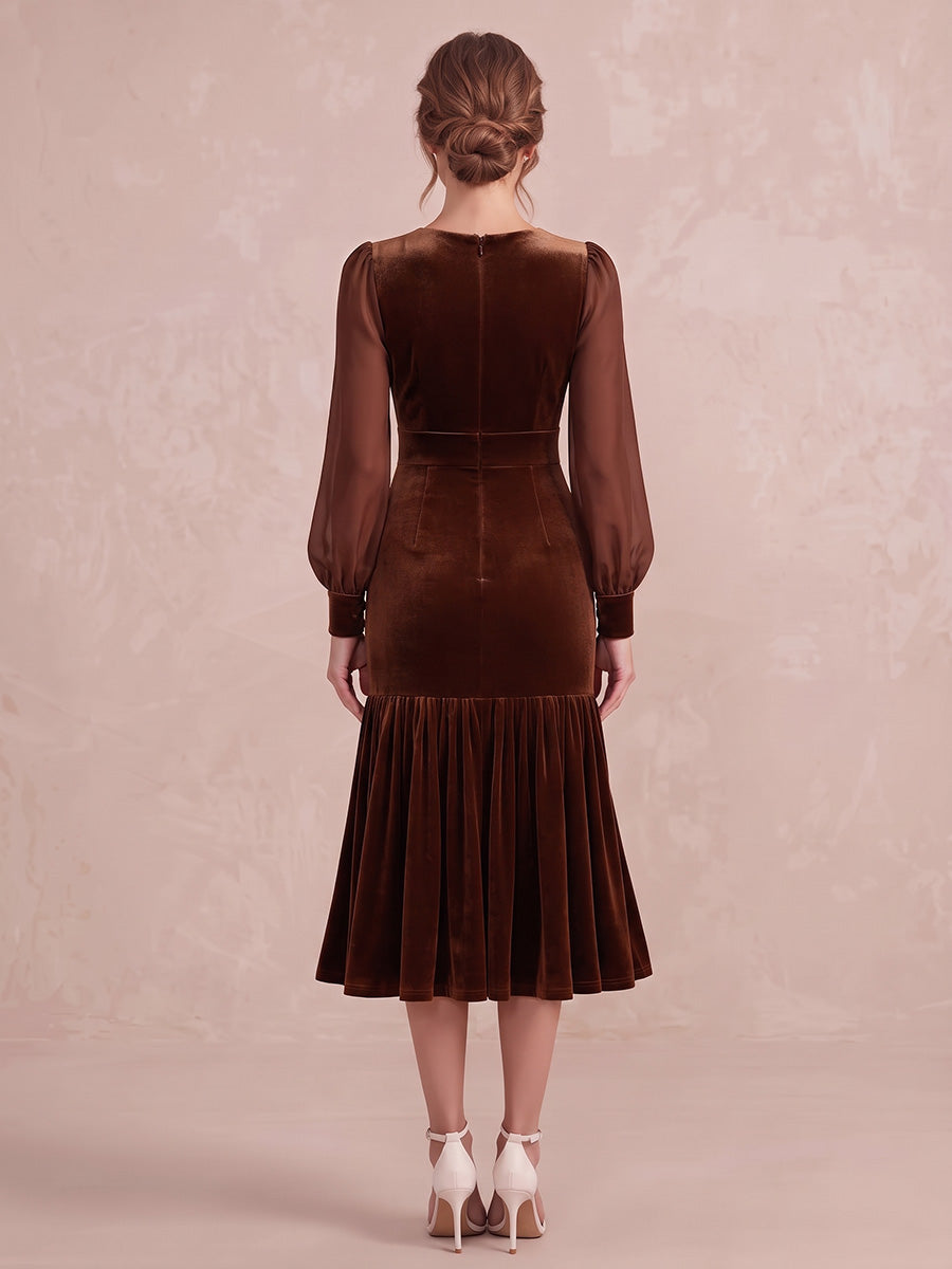 Burnt Orange Mermaid Midi Velvet Wedding Guest Dresses Round Neck Cocktail Dresses