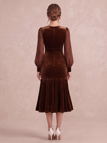 Burnt Orange Mermaid Midi Velvet Wedding Guest Dresses Round Neck Cocktail Dresses