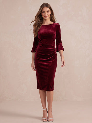 Light Burgundy Sheath Midi Velvet Wedding Guest Dresses Boat Neck Cocktail Dresses