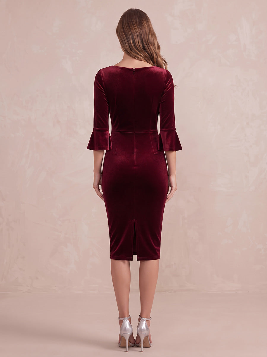 Light Burgundy Sheath Midi Velvet Wedding Guest Dresses Boat Neck Cocktail Dresses