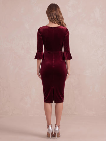 Light Burgundy Sheath Midi Velvet Wedding Guest Dresses Boat Neck Cocktail Dresses