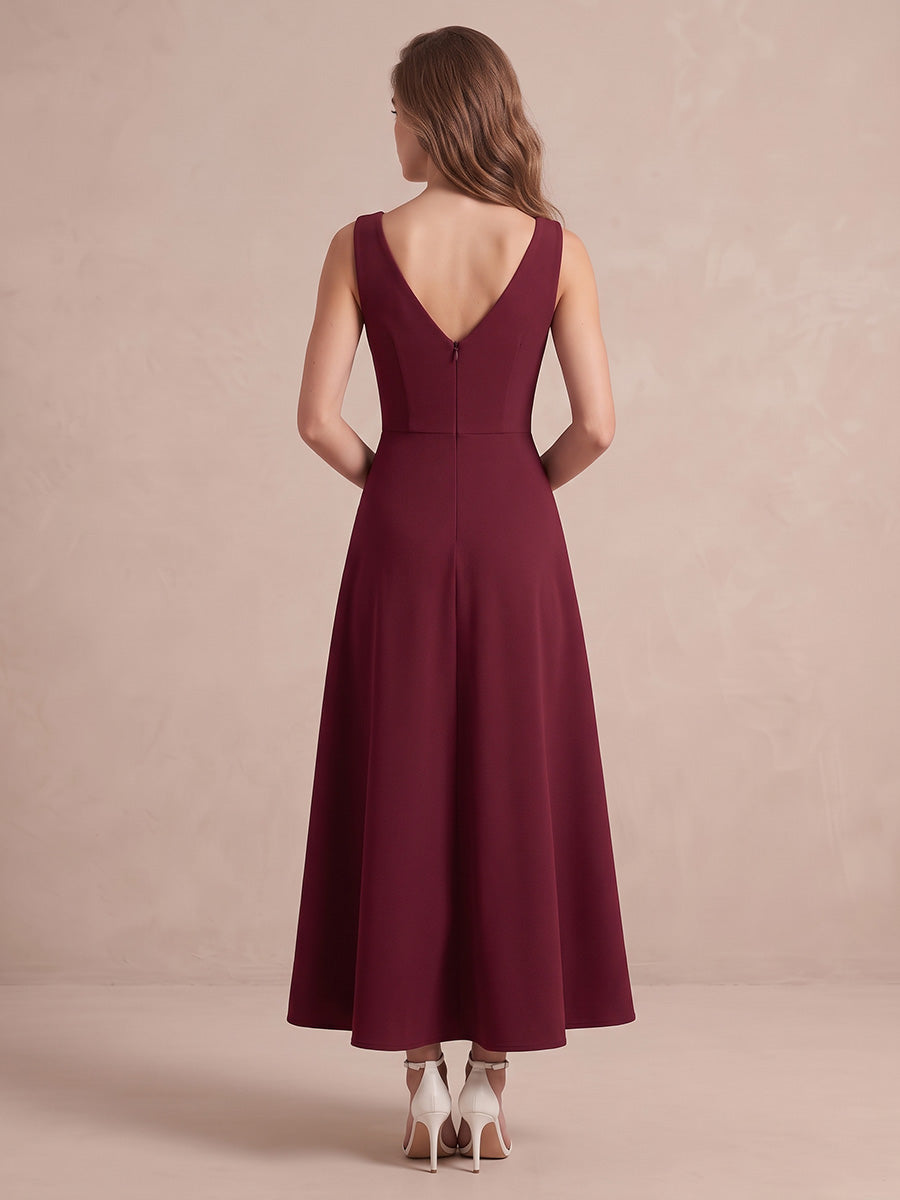 Burgundy A Line Midi Waffle Knit Wedding Guest Dresses V Neck Cocktail Dresses