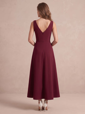 Burgundy A Line Midi Waffle Knit Wedding Guest Dresses V Neck Cocktail Dresses