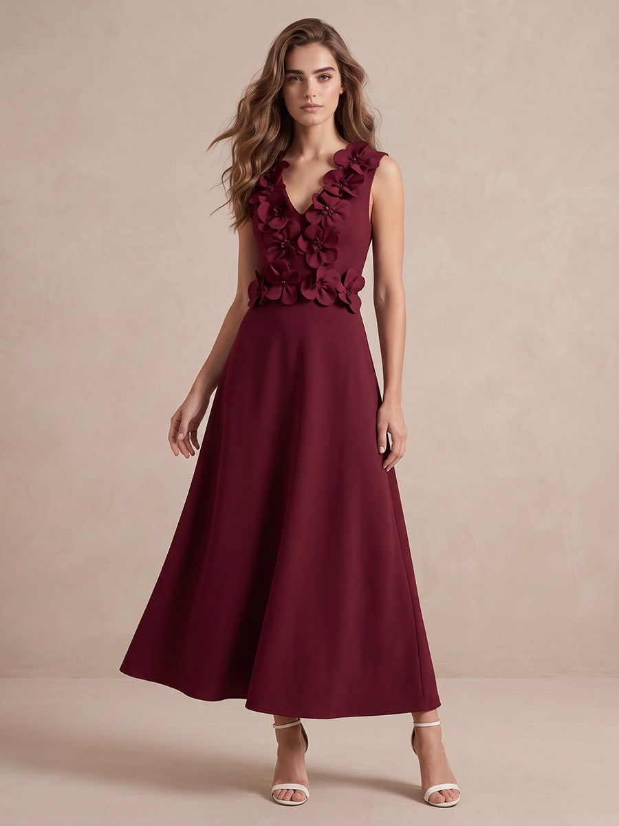 Burgundy A Line Midi Waffle Knit Wedding Guest Dresses V Neck Cocktail Dresses
