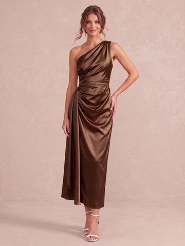 Brown Sheath Midi Satin Wedding Guest Dresses One Shoulder Cocktail Dresses