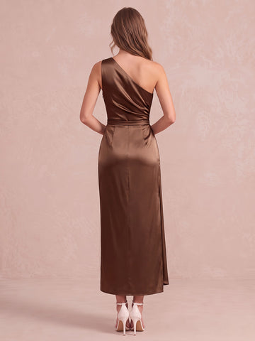 Brown Sheath Midi Satin Wedding Guest Dresses One Shoulder Cocktail Dresses
