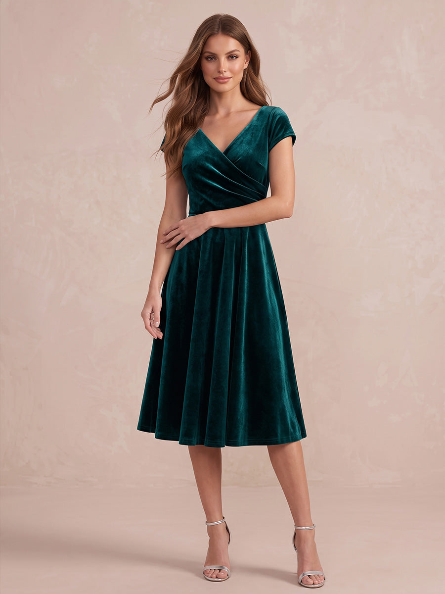 Teal A Line Midi Velvet Wedding Guest Dresses V Neck Cocktail Dresses with Sleeves