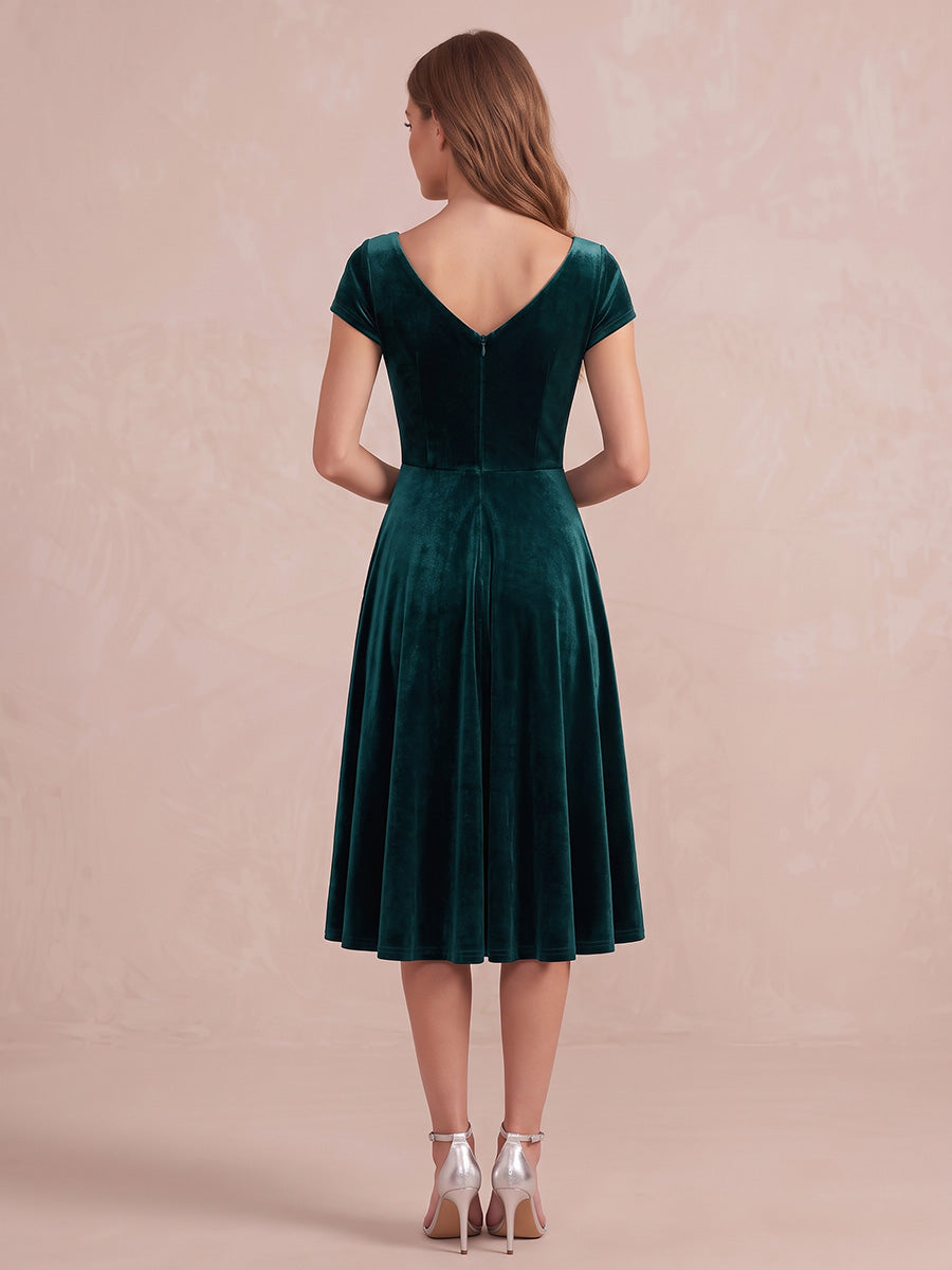 Teal A Line Midi Velvet Wedding Guest Dresses V Neck Cocktail Dresses with Sleeves
