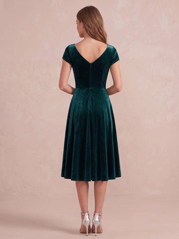 Teal A Line Midi Velvet Wedding Guest Dresses V Neck Cocktail Dresses with Sleeves