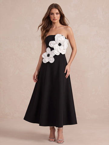 Black A Line Ankle Length Crepe Wedding Guest Dresses 3D Floral Strapless Cocktail Dresses